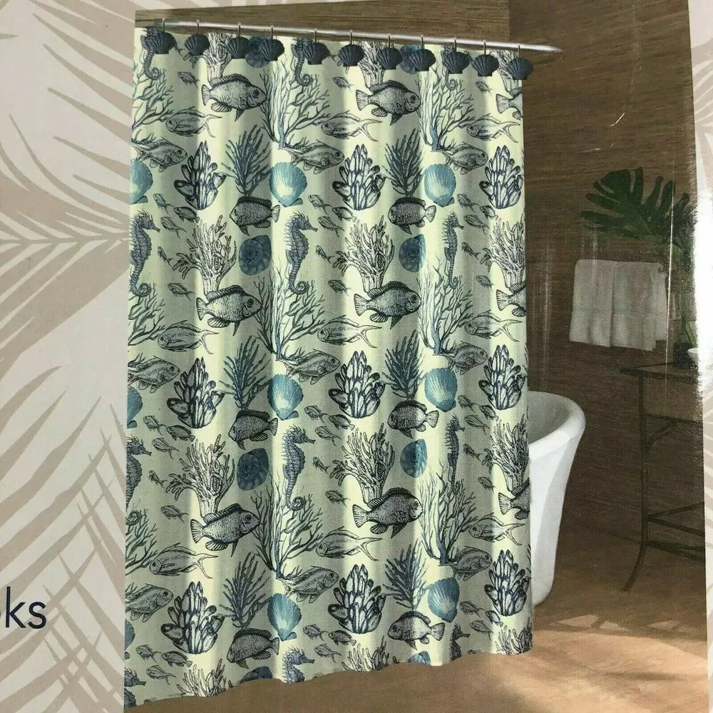 Caribbean Joe Deep Sea Seahorse Coastal Fabric Shower Curtain and 12 Shell Hooks